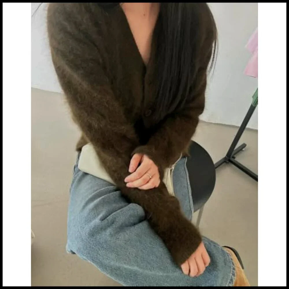Oversized Mohair Cardigan V-Neck Button Down Fuzzy Sweater Y2K Winter_4